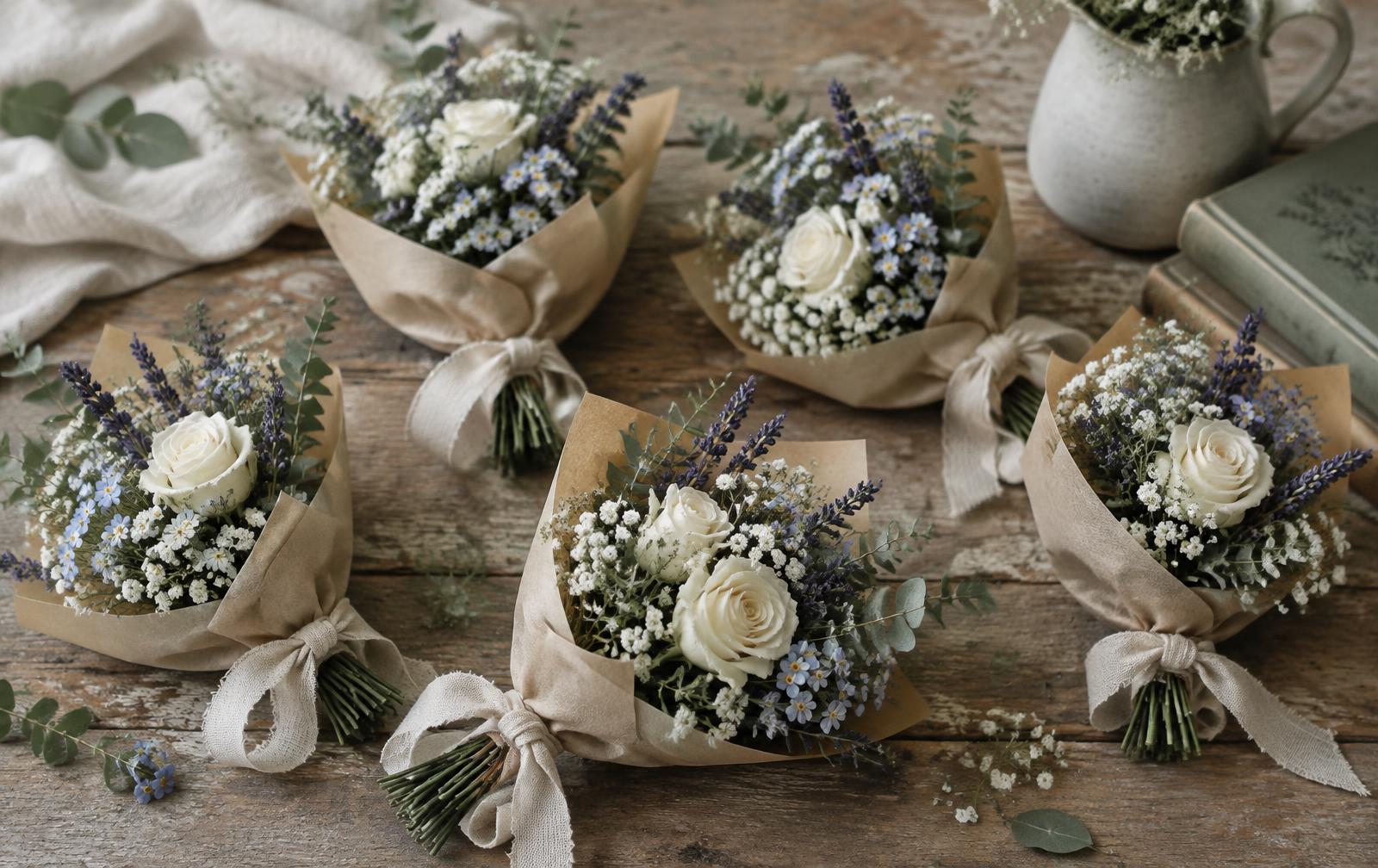Mini bouquets wrapped in kraft paper